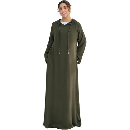 Muslim Abaya Dress for Women Lightweight Hoody Pockets Islamic Prayer Robe - color: Army Green, size: Medium