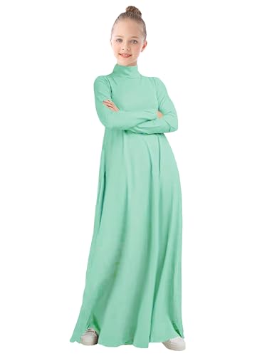 WSPLYSPJY High Neck Kids Girls Abaya Dress Solid Color Muslim Robe Prayer Clothes with Pockets - color: 연한 녹색., size: 13-14세