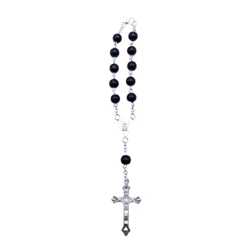 LAINLOY Car Rearview Mirror Decoration, Rosary Car Pendant, Cross Medal Hanging Ornament, Personalized Blessing Bead Decoration, Black - color: Black