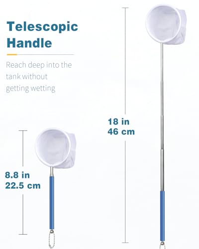 Pawfly 3 Inch Aquarium Shrimp Net, Tiny Fish Tank Net with Extendable Stainless Steel Handle, Soft Round Fine Mesh for Baby Fish, Food Residue, and Debris Skimming in Small Ponds & Tanks - color: Blue Round, size: 3 Inch