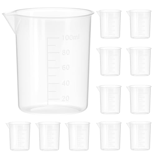 QWORK 100ml/3.4oz Lab Measuring Cup, 12 Pieces Plastic Beaker Cups Mixing Cup with Scale Marking, for Laboratory Use, Liquid Measuring