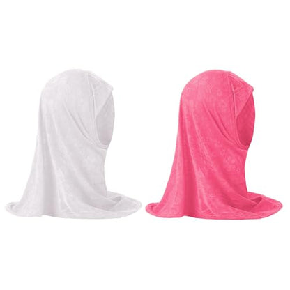 2PCS Girls Hijab Scarf Muslim Kids Amira Instant Hijab Headscarf Flower Head Wrap Scarf Turban for Age 2-6 Years - color: White + Pink