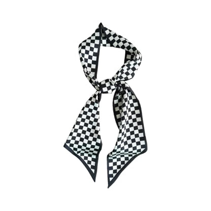 Silk Feeling Head Scarf Fashion Satin Hair Scarf Square Long Scarves for Women Gifts - color: 00 Black Checkerboard 5.12 X 59 Inch