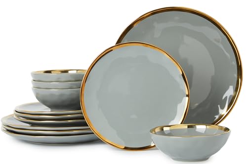 Pokini Porcelain Luxury Dinnerware Sets, Modern Plates and Bowls Sets for 4 - color: Grey and Gold