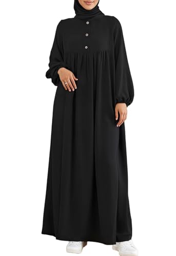 Womens Abaya Muslim Prayer 2 Pockets Long Sleeve Front Button Maxi Dresses Casual Islamic Clothes - color: Black, size: XX-Large
