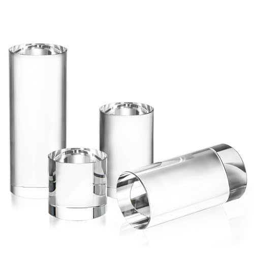 4 Pack Glass Cylinder Display Risers Clear Stand for Jewelry Collectibles | Four heights for layered displays Thick solid glass Stable support for photography retail home decor