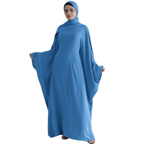 ODIZLI Abayas For Women Muslim Dubai Full Cover Kaftan Shirt Dress Batwing Sleeve Prayer Dress With Hijab - color: Blue + Hijab, size: One Size