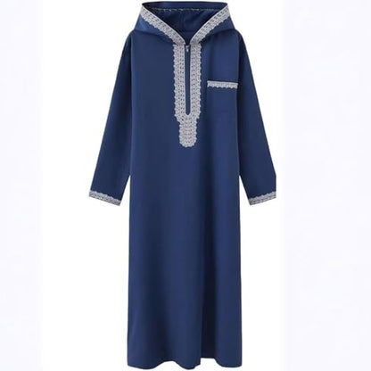 Men's Hooded Thobe - Traditional Embroidered Muslim Islamic Kaftan, Half-Zip Middle Eastern Arabic Robe - color: Blue, size: Large