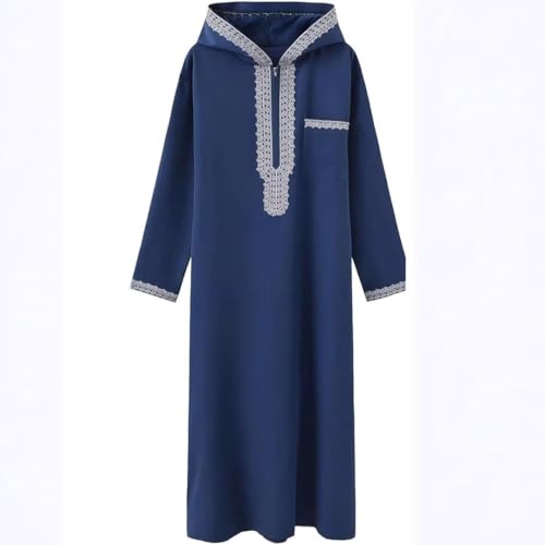 Men's Hooded Thobe - Traditional Embroidered Muslim Islamic Kaftan, Half-Zip Middle Eastern Arabic Robe - color: Blue, size: X-Large
