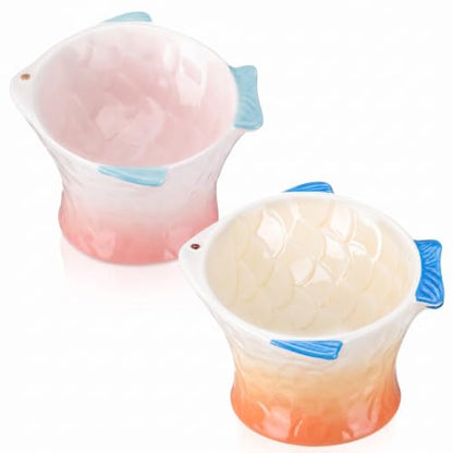 Tioncy 2 Pcs Raised Tilted Ceramic Cat Food Bowl Fish Shape Cute Elevated Slanted Shallow Angled Cat Dish Non Slip Feeder Bowl for Anti-Vomiting and Fatigue (Pink,Orange) - color: Pink,Orange