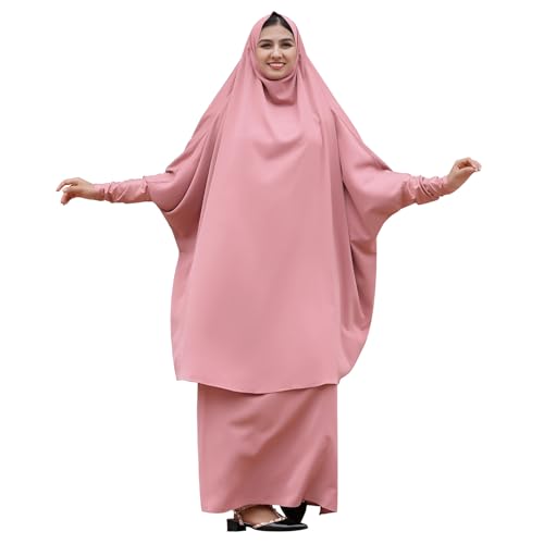 Abayas for Women Muslim Chiffon Prayer Burqa Dress Burkas for Women Muslim Hijab Dress Full Length Islamic Veil Abaya Set - color: Pink