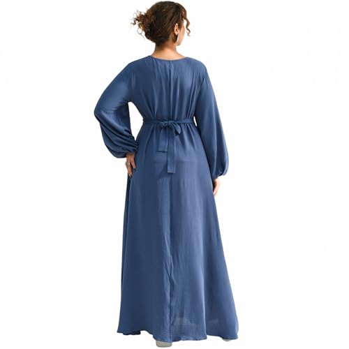 Muslim Women Abaya Dress Breathable Front Zipper&Pockets&Belt Prayer Robe - color: Blue, size: X-Large