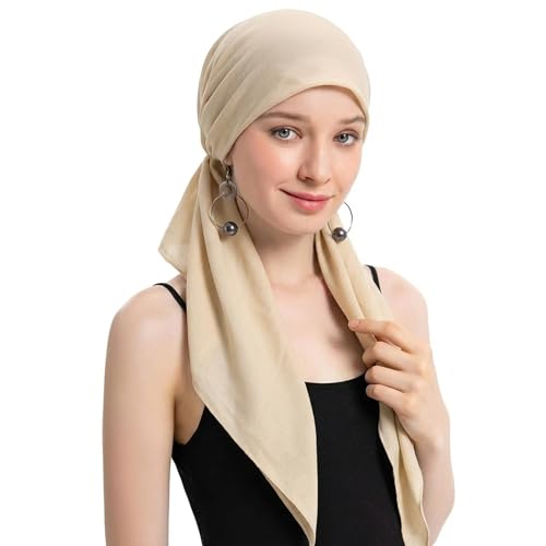 ZLYC Chemo Headwear Long Pre Tied Head Scarf Beanie for Women - color: Solid Beige