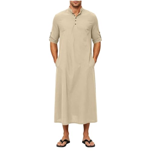 Men's Linen Kaftan Robe Button Down Long Sleeve Henley Collar Cotton Thobe Casual Loose Fit Stylish Gown Shirts - color: Khaki, size: Small
