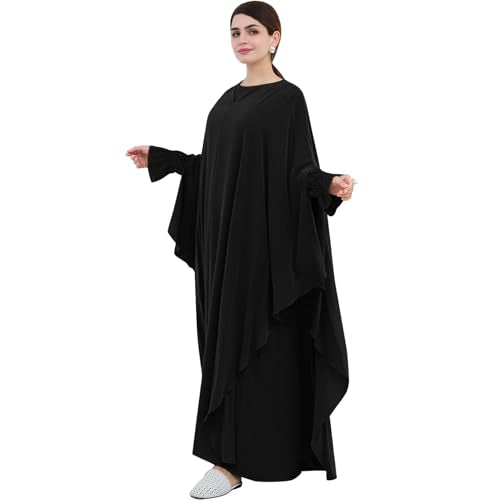 2PCS Women's Muslim Abaya Dress Lace Cuffs Islamic Dubai Prayer Robe Smooth Flowy Muslim Women Clothes - color: Black, size: Medium