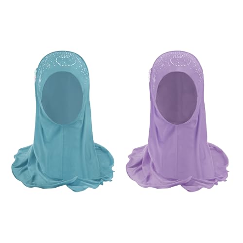 Girls Muslim Hijab Floral Lace Head Scarf Kids Islamic Arab Scarf Shawls Head Wrap with Flowers - color: Purple+green-floral 2pcs