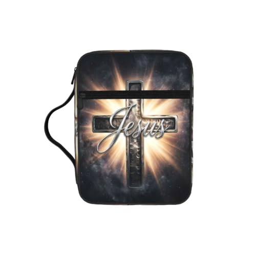 Galaxy Jesus Cross Bible Cover Case with Handle and Zippered Pocket - color: Galaxy Jesus Cross