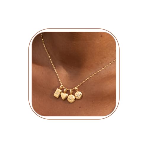 Gold Necklace for Women Dainty Cubic Zircon Pendant Necklace with Removable Heart/Teardrop/Round/Rectangle Pendant Necklace Non Tarnish Gold Diamond Necklaces - style: Four Heart & Stars Charms-GD