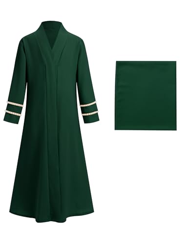 IDOPIP Muslim Dress for Girls Islamic Prayer Abaya Long Sleeve Cardigan Kaftan Robe Dresses with Hijab Ramadan Dubai Outfits - color: Blackish Green, size: 11-12 Years