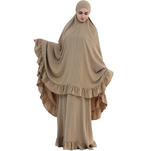 2PCS Abayas for Women Muslim Dress Ruffled Hem Modest Prayer Robe Full Coverage Modest Jilbab Set - color: Khaki, size: Medium