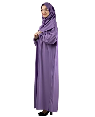 Women Prayer Clothes with Hijab Muslim Outfits Long Robe Abaya Turkish Islamic Dresses Dubai Kaftan with Rosary - color: Lilac