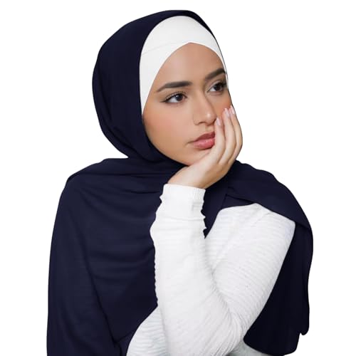 Hijab Scarf for Women Soft Cotton Muslim Jersey Hijab Head Wrap Scarves Fashion Long Scarf Shawls - color: Navy