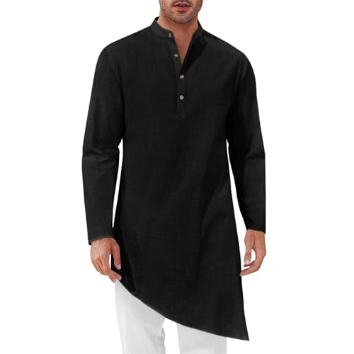RTTUIOP Kurta Men Thobe Muslim Clothes Button Down Casual Henley Shirts Long Sleeve Robe Cotton Linen Muslim Gown Shirt - color: 01-black, size: Medium