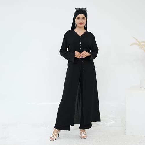 IDOPIP Muslim Women 2-Piece Set Long Sleeve Ramadan Islamic Abaya Dress Shirt with Pants Loose Fit Casual Dubai Prayer Outfit - color: Black, size: X-Small-Small