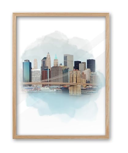 iHery 12x16in Natural OAK Wood Framed New York Skyline Wall Art | Watercolor Beige Blue Cityscape Canvas Print, Modern Dreamlike Decor for Bedroom Living Room, 1Pack - color: OAK Framed Cityscape, size: 16"L x 12"W