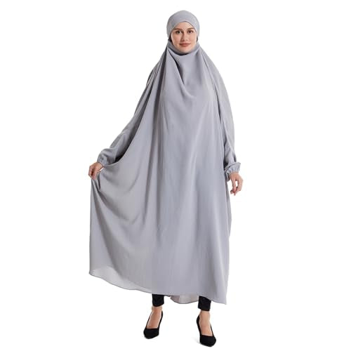 Lmdudan Muslim Women Islamic Full Cover Prayer Dress Long Sleeve Loose Abaya Hijab Outfit 2026 Ramadan Modest Prayer Clothes - color: Gray, size: X-Large