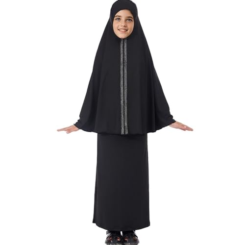 Lenmipot Kids Jilbab 2pcs Abaya Girls Muslim Prayer Dress Kids Eid Full Cover Abaya Dress Set Islamic Prayer Jilbab for Girl - color: Blacka, size: 7-8 Years