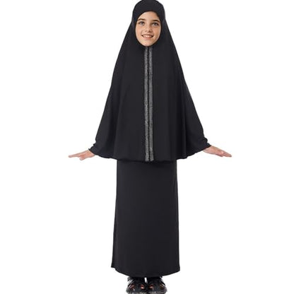 Lenmipot Kids Jilbab 2pcs Abaya Girls Muslim Prayer Dress Kids Eid Full Cover Abaya Dress Set Islamic Prayer Jilbab for Girl - color: Blacka, size: 6-7 Years