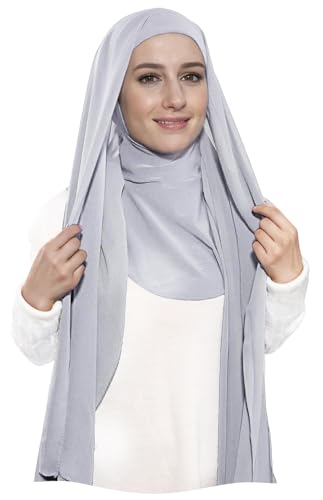 Lina & Lily Premium Chiffon Ninja Instant Hijab Scarf Stitched Jersey Cap Neck Cover Full Coverage - color: Light Gray
