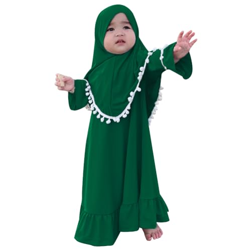 IWEMEK Infant Baby Girl Prayer Dress Kids Muslim Clothes for Toddler Girls Abaya with Hijab Ruffle Islamic Eid Ramadan Outfit - color: Dark Green, size: 18-24 Months