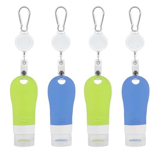 LUEXBOX 4 PACK Portable Travel Bottle Set, Leakproof Silicone Bottles with Stretchable Lanyard, Travel Sized Empty Liquid Bottles Container, Reusable, Squeezable and Refillable (Blue & Green) - color: Blue & Green