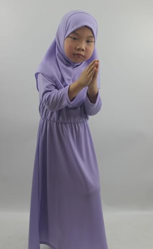 Girls Kids 2 Pcs Muslim Abaya Prayer Dress with Hijab Islamic Headscarf for Girl Robe Ramadan Eid Clothes - color: Lavender, size: Height 130CM-140CM