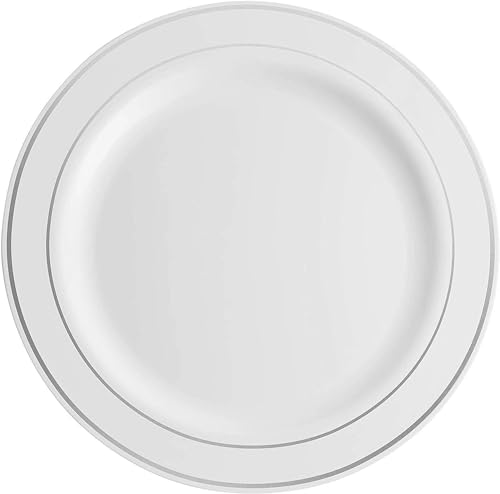 125 Piece Silver Dinnerware Party Set - 50 Silver Rim Plastic Plates, 25 Dinner 25 Dessert Plates, 25 Knives, 25 Forks, 25 Spoons - 25 Guest Disposable Set for Wedding Birthday Parties - color: Silver Rim