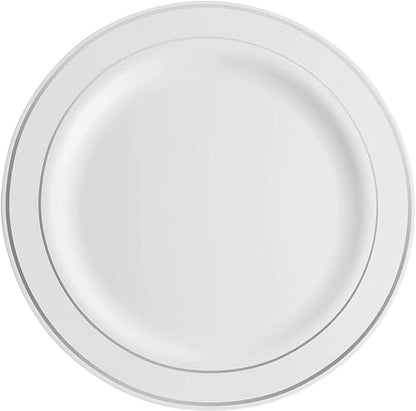 125 Piece Silver Dinnerware Party Set - 50 Silver Rim Plastic Plates, 25 Dinner 25 Dessert Plates, 25 Knives, 25 Forks, 25 Spoons - 25 Guest Disposable Set for Wedding Birthday Parties - color: Silver Rim
