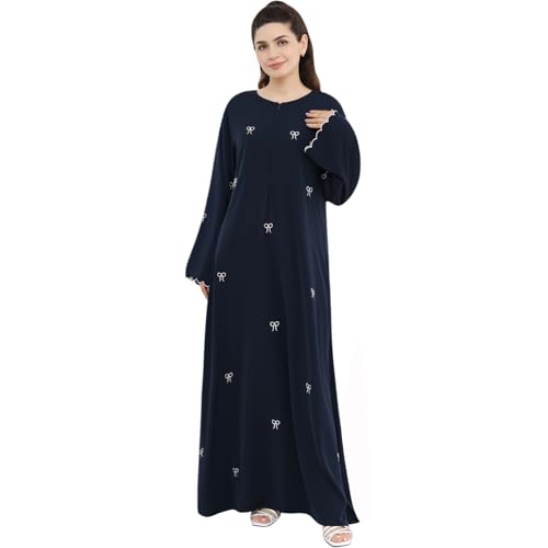 Abaya Dress for Muslim Women Bow Front Zipper Side Pockets Ramadan Eid Robe - color: Navy, size: Small