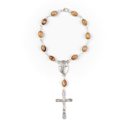 Car Rosary From The Holy Land of Bethlehem - 7" Confirmation With Crucifix & Dove Medal, Olive Wood Catholic Pocket With Wooden Beads & Lobster Clasp - color: Confirmation