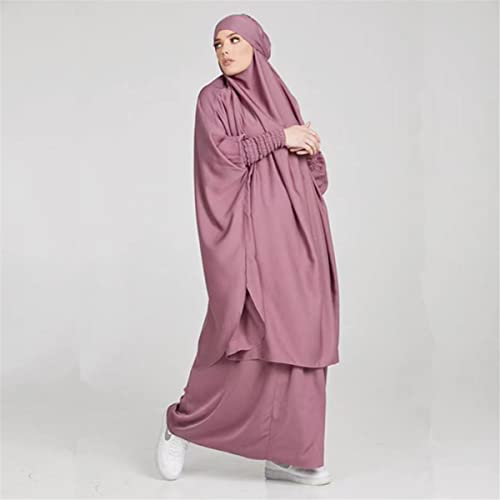 Women Muslim 2 Set Solid Color Plus Long Sleeve Thobe One-size Longuette Overall Abaya Thobe with Hoodied Hijab - color: Purple