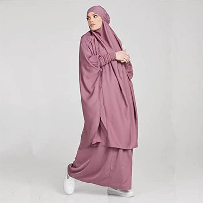 Women Muslim 2 Set Solid Color Plus Long Sleeve Thobe One-size Longuette Overall Abaya Thobe with Hoodied Hijab - color: Purple