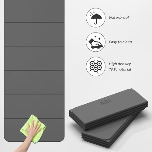 ILILI Foldable Yoga Mat 71 * 24 * 0.3 Inch | Lightweight TPE Non Slip Exercise Mat, Waterproof Portable Fitness Mat for Home Gym, Pilates, Stretching & Daily Workouts - color: Grey