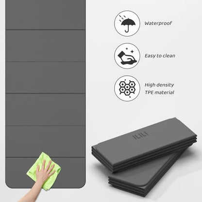 ILILI Foldable Yoga Mat 71 * 24 * 0.3 Inch | Lightweight TPE Non Slip Exercise Mat, Waterproof Portable Fitness Mat for Home Gym, Pilates, Stretching & Daily Workouts - color: Grey