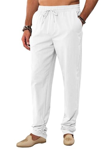 Runcati Mens Kaftan Thobe Pants Cotton Casual Elastic Waist Drawstring Muslim Trousers Summer Yoga Kurta Pants with Pockets - color: White, size: XX-Large