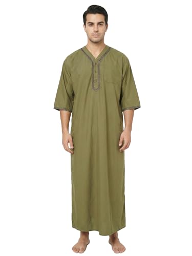 Mens Kaftan Thobe V-Neck Half Sleeve Muslim Robe Dubai Long Gown Saudi Arab Thobe Robes for Summer Beach - color: Green, size: Small