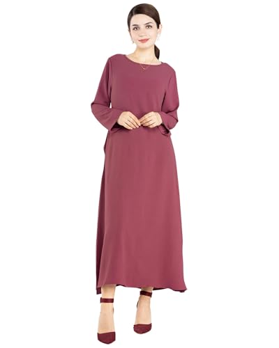 Solid Color Women Abaya Modest Muslim Prayer Robe Long Sleeve Dubai Maxi Dress Islamic Lightweight Dress - color: Dark Red, size: Small