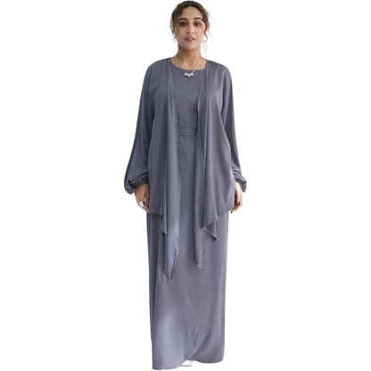 2PCS Muslim Abaya Dress for Women Smooth Satin Prayer Cardigan with Belt - color: Purple, size: X-Small-Small