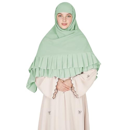 Prayer Hijab for Women Muslim Cotton Blend Lightweight Ruffled Square Scarf - color: Green