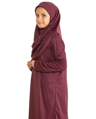 Prien Kids Prayer Dress Muslim Clothes for Girls Long Sleeve Abaya with Hijab Two Piece Maxi Islamic Set Scarf Kaftan Jilbab - color: Cherry